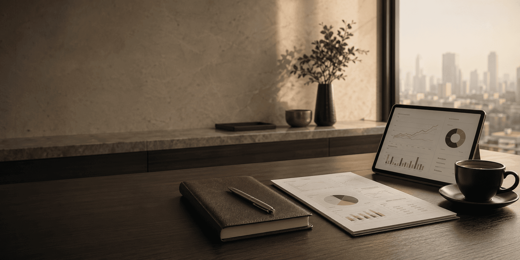 Materiais de planejamento financeiro sobre uma mesa executiva.