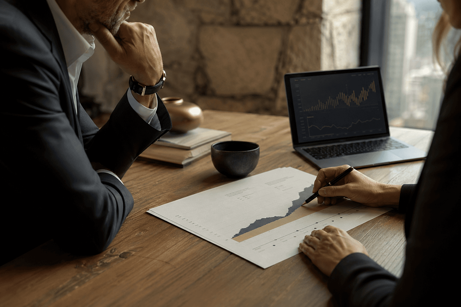 Reunião de revisão financeira estratégica.